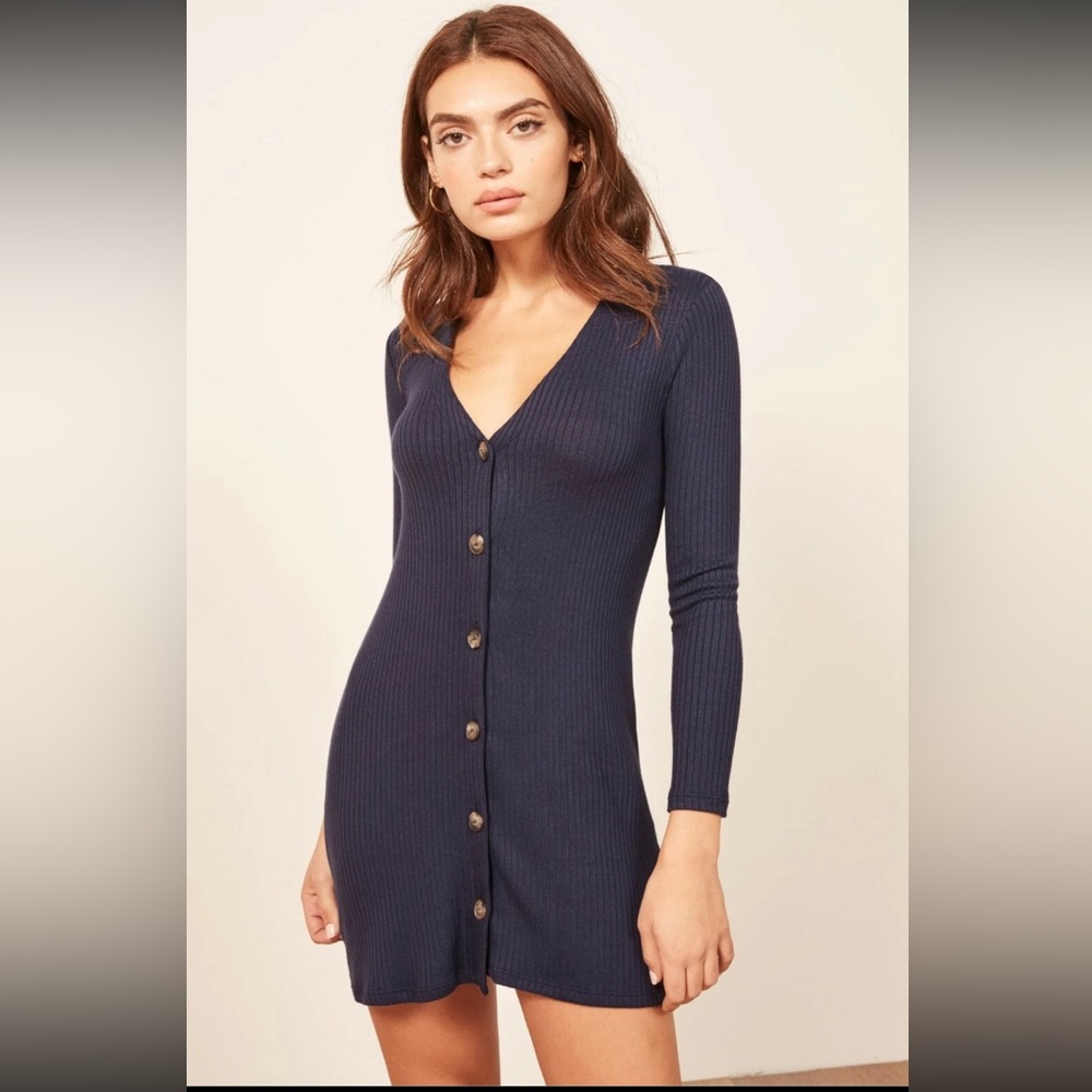 Reformation Agatha Ribbed Knit Button Down V Neck Dress XS